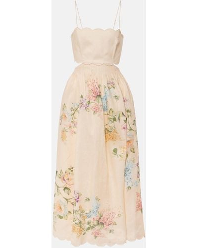 Zimmermann Halliday Scalloped Floral Linen Midi Dress - Natural