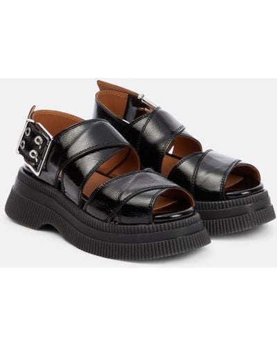 Ganni Patent Leather Platform Sandals - Black