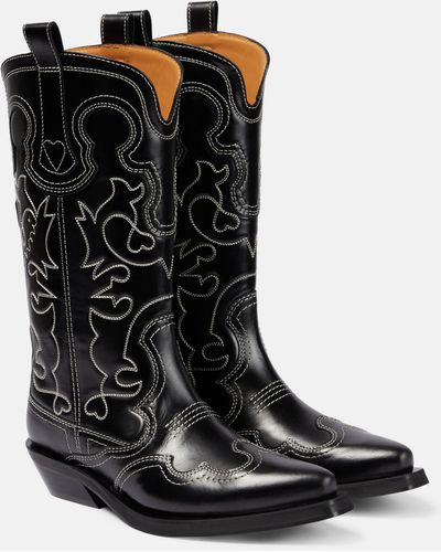 Ganni Mid Shaft Embroidered Calf-length Leather Cowboy Boots - Black