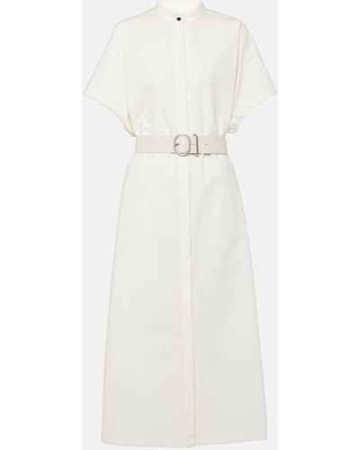 Jil Sander Belted Leather-trimmed Cotton Midi Dress - White