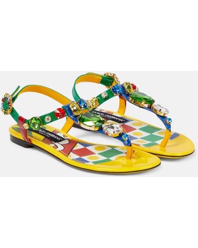 Dolce & Gabbana Embellished Patent Leather Thong Sandals - Yellow