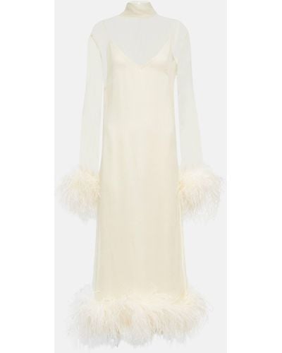 ‎Taller Marmo Gina Venti Feather-trimmed Silk Midi Dress - White