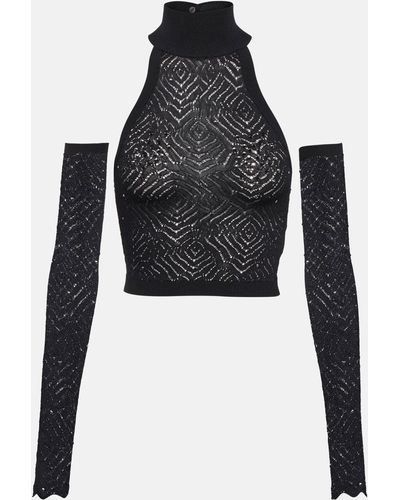 Alessandra Rich Halterneck Lace Crop Top With Gloves - Black
