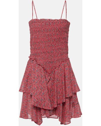 Isabel Marant Ankage Smocked Ruffled Cotton Minidress - Red