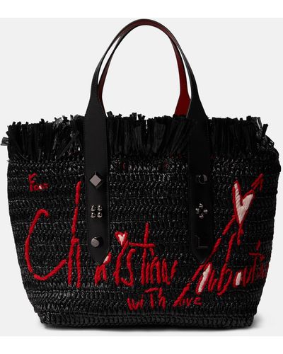 Christian Louboutin Frangibus Medium Embroidered Raffia Tote Bag - Black