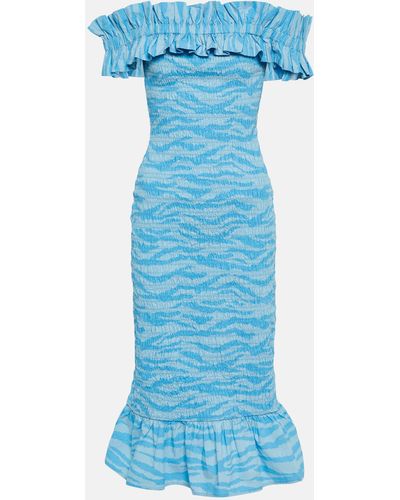 Ganni Off-the-shoulder Ruffled Tiger-print Cotton-poplin Midi Dress - Blue