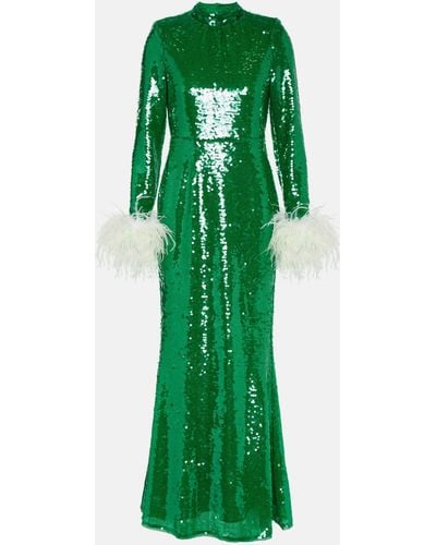 Self-Portrait Sequined Feather-trimmed Gown - Green