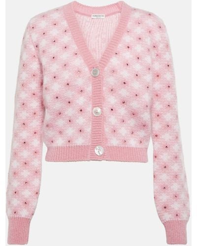 Alessandra Rich Cropped Embellished Checked Cardigan - Pink