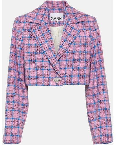Ganni Checked Cropped Blazer - Purple