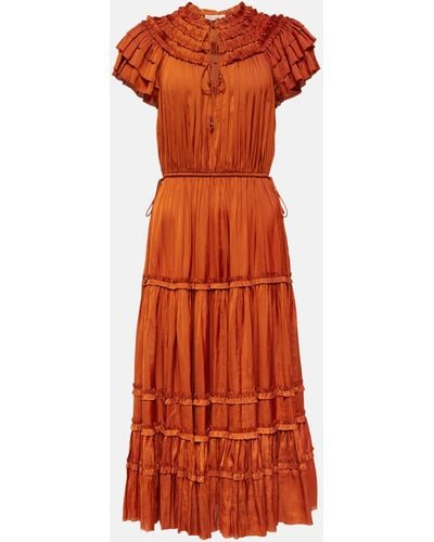 Ulla Johnson Isadora Pleated Satin Midi Dress - Orange