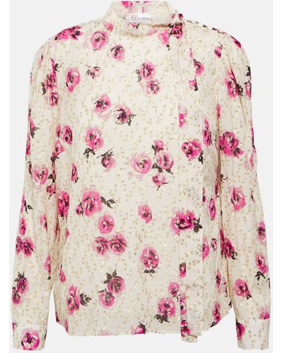 RED Valentino Floral Tie-neck Crepe Shirt - Pink