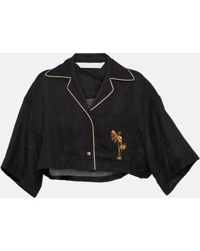 Palm Angels Embroidered Cropped Bowling Shirt - Black