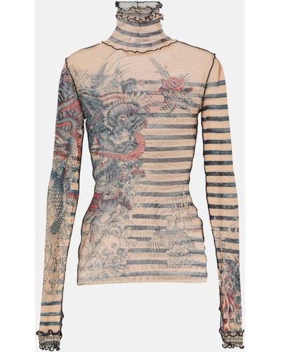 Jean Paul Gaultier Tattoo Collection Tulle Turtleneck Top - Grey