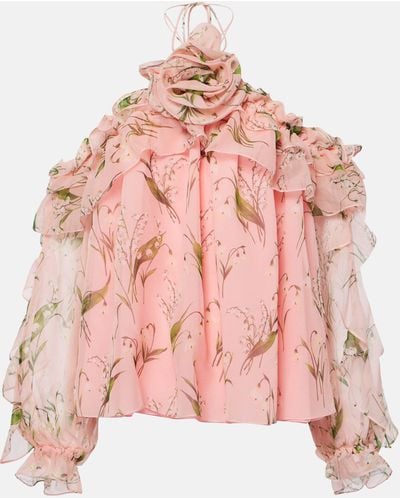 Carolina Herrera Floral Halterneck Silk Blouse - Pink