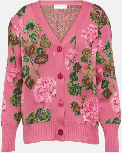 Oscar de la Renta Floral Intarsia Cotton Cardigan - Pink