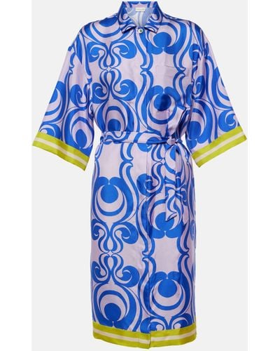 Dries Van Noten Printed Silk Shirt Dress - Blue