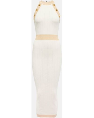 Balmain Knitted Midi Dress With Buttons And Lurex Trims - White