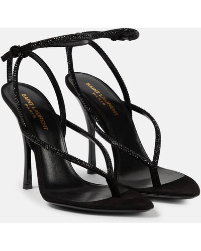 Saint Laurent Nadja Embellished Suede Sandals - Black