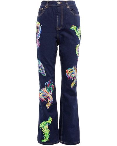 Area Embroidered Feather Back-slit Jeans - Blue