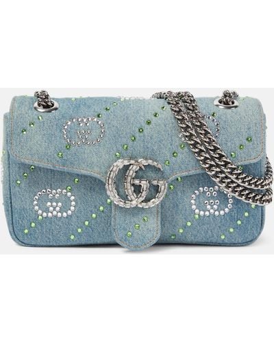 Gucci GG Marmont Embellished Denim Shoulder Bag - Blue