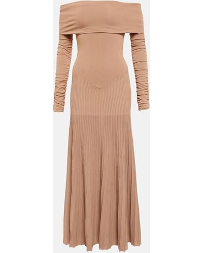 Khaite Rebecca Off-the-shoulder Ruched Pleated Stretch-knit Maxi Dress - Natural