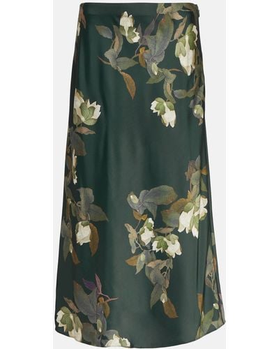 Vince Floral Silk Satin Midi Skirt - Green