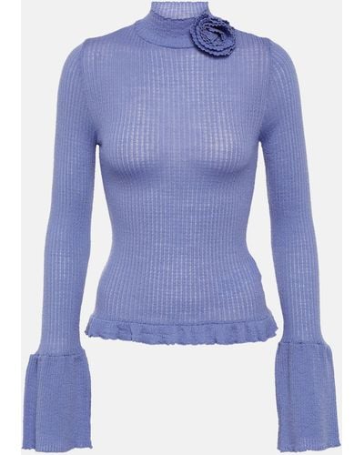 Blumarine Ruffle-trimmed Ribbed-knit Wool Sweater - Blue