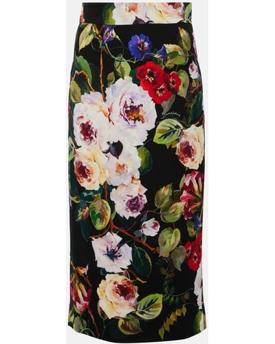 Dolce & Gabbana Charmeuse Calf-Length Skirt With Rose Garden - Multicolour