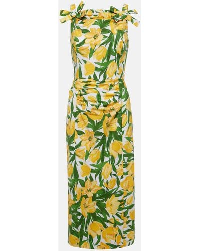 Carolina Herrera Floral Ruched Poplin Midi Dress - Green