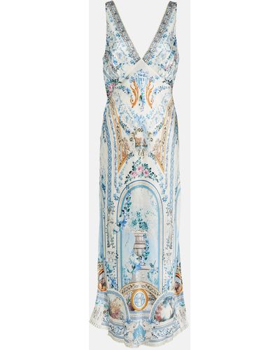Camilla Embellished Floral Silk Midi Dress - Blue
