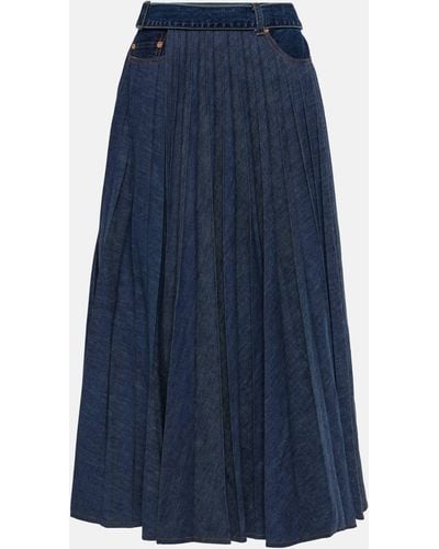 Sacai Pleated Denim Midi Skirt - Blue