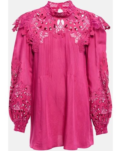 Costarellos Mika Broderie Anglaise Linen-blend Blouse - Pink