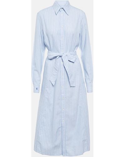 Polo Ralph Lauren Striped-shirt Linen And Cotton-blend Mid Dress - Blue