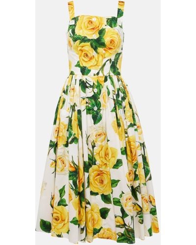 Dolce & Gabbana Flower Print Cotton Midi Dress - Yellow