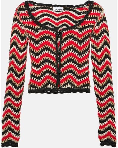 Ganni Crochet Cotton Cardigan - Red