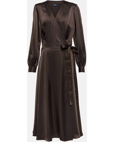 Polo Ralph Lauren Satin Midi Wrap Dress - Brown