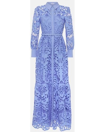 Self-Portrait Belted Cotton Lace Maxi Dress - Blue