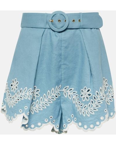 Zimmermann Junie Embroidered High-rise Linen Shorts - Blue