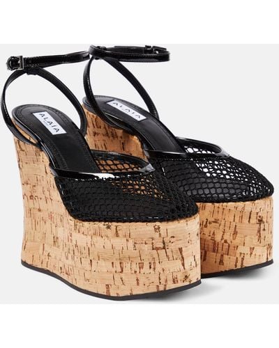 Alaïa Patent Leather And Mesh Wedge Sandals - Black