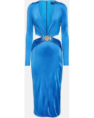 Versace Medusa Biggie Cutout Satin Midi Dress - Blue