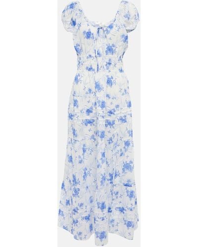 LoveShackFancy Magdaline Pintucked Floral-print Cotton Midi Dress - Blue