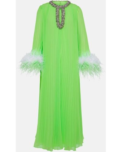 Self-Portrait Pleated Feather-trimmed Chiffon Gown - Green