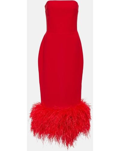 Rasario Feather-trimmed Strapless Crepe Midi Dress - Red