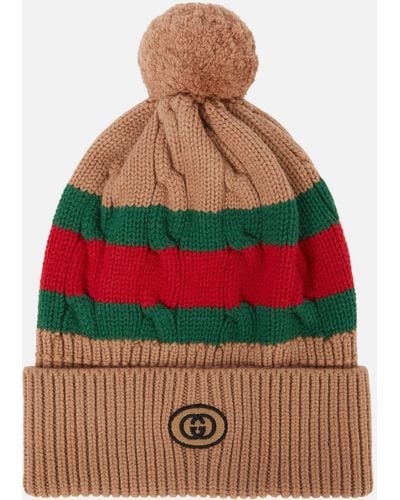 Gucci Pompom-embellished Striped Cable-knit Wool Beanie - Multicolour