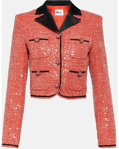 Self-Portrait Cropped Sequined Boucle Jacket - Red