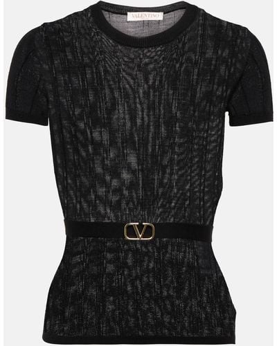 Valentino Belted Ribbed-knit Wool Top - Black