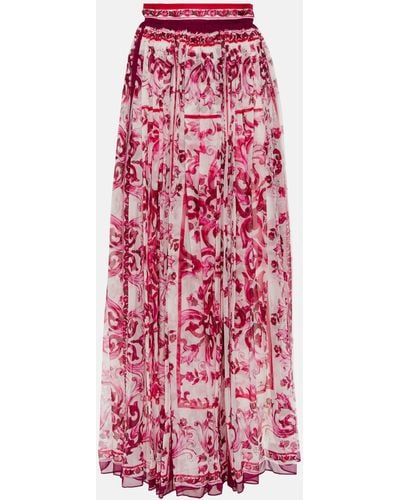 Dolce & Gabbana Majolica Pleated Silk Maxi Skirt - Red