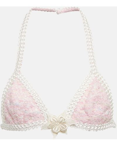 Alessandra Rich Embroidered Cotton-blend Lurex® Bra - Pink