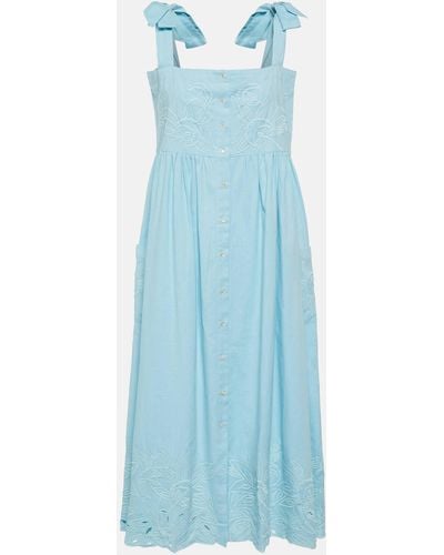 Juliet Dunn Embroidered Cotton Midi Dress - Blue