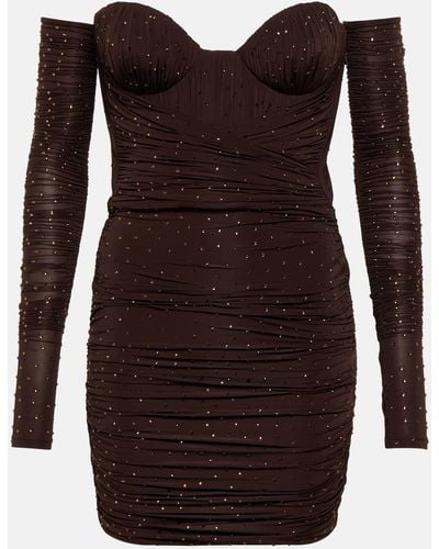 Alex Perry Koda Ruched Crystal-embellished Stretch-jersey Mini Dress And Gloves Set - Brown